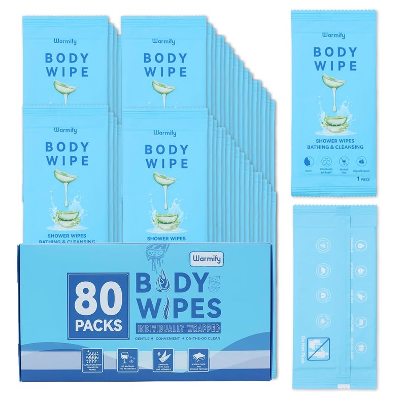 Warmify 80 Pcs Body Wipes Individually Wrapped (9.29" x 8"), Large Shower Wipes for Adults Bathing No Rinse, Portable Personal Cleansing for Gym, Camping, Hiking, Backpacking,Bulk Homeless Supplies - Image 1